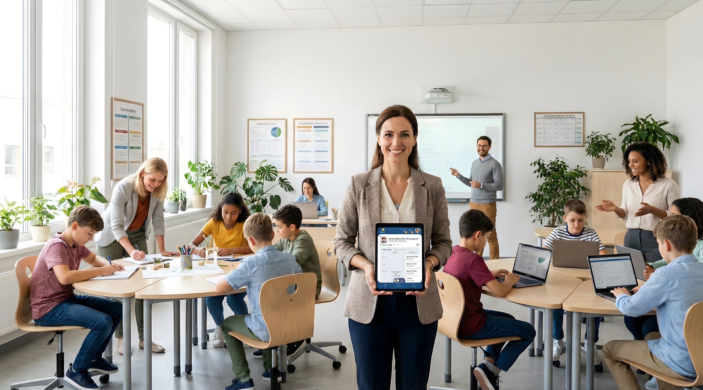 Schule mit Lehrerin und Schülern – Kidbase im Unterricht